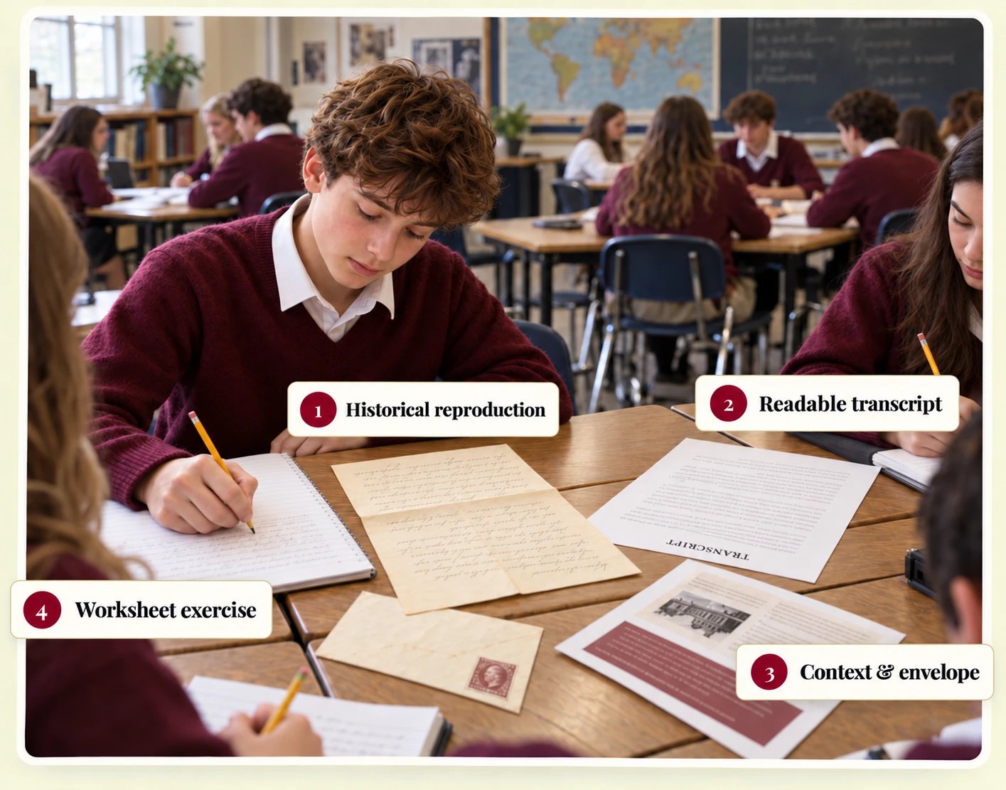 A student writing a worksheet exercise at a classroom desk beside a historical letter reproduction, a readable transcript, a context sheet and an envelope