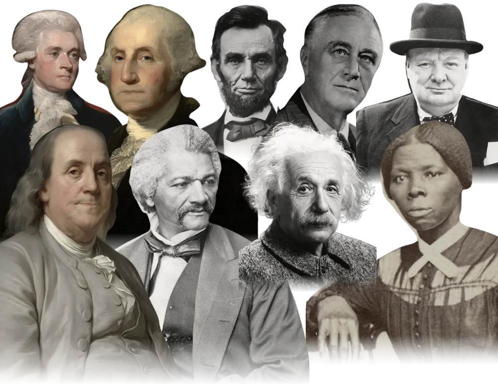 Portraits of figures from the American Revolution, the Civil War and World War II