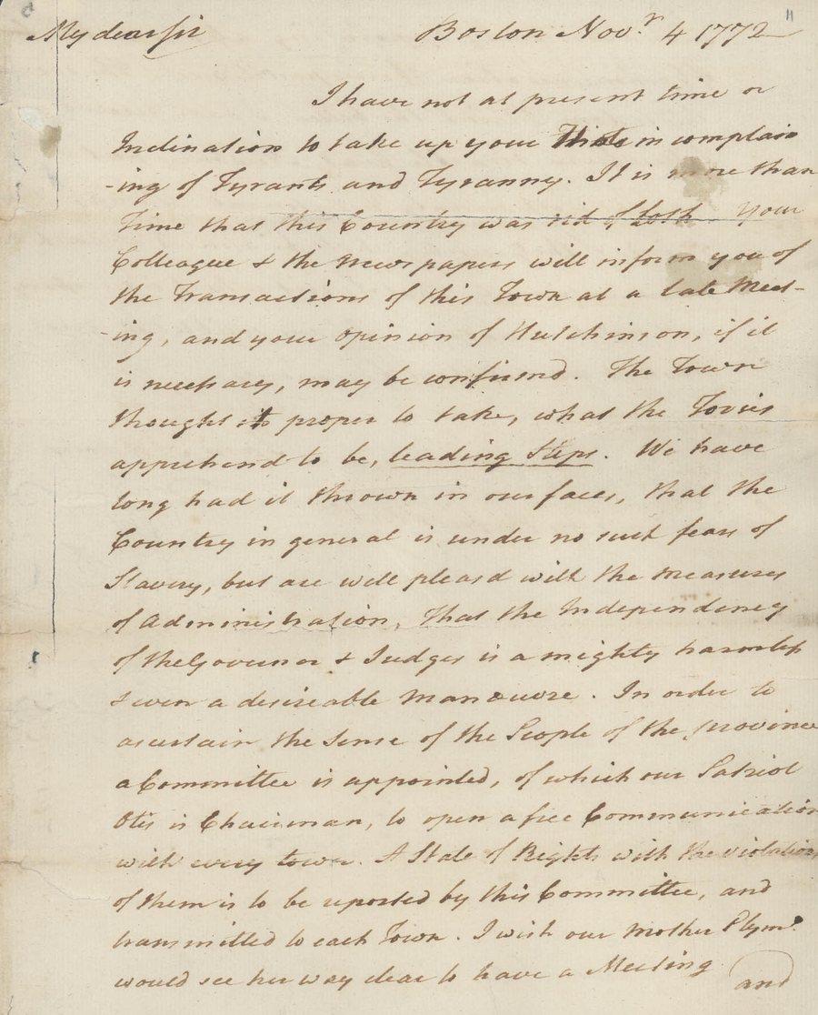 Handwritten letter from Samuel Adams to James Warren, dated Boston, 4 November 1772, page 1